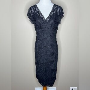 Marina womens sleeveless beaded and lace black midi dress ruffled layers size 10